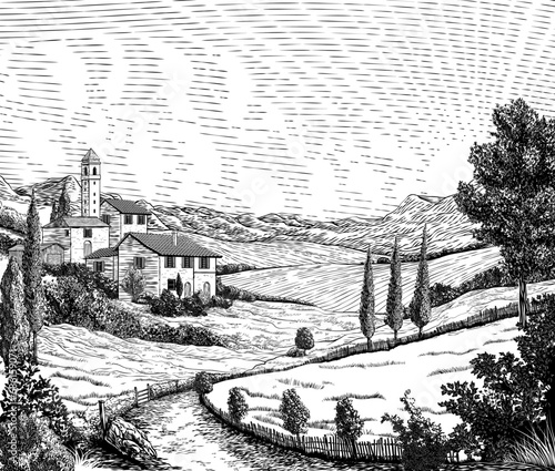 A landscape of rolling hills and sun in cloudy sky. Original vintage rural farm or vineyard illustration in a vintage woodcut engraving style.