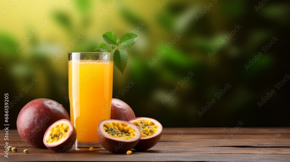 Passion fruit juice with ice in cafe or restaurant is a healthy drink on wooden table background with copy space for text Passion fruit juice with ice in cafe or restaurant is a healthy drink on wooden table background with copy space for text