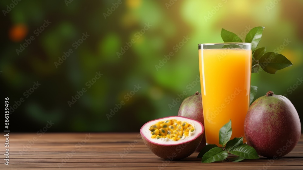 Passion fruit juice with ice in cafe or restaurant is a healthy drink on wooden table background with copy space for text Passion fruit juice with ice in cafe or restaurant is a healthy drink on wooden table background with copy space for text