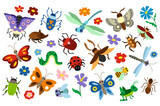 Set of cute insects. Stickers or icons with butterfly, caterpillar, ant, ladybug, beetle, dragonfly and bee. Hand drawn flying garden bugs. Cartoon flat vector collection isolated on white background