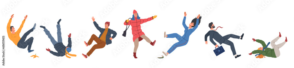 Set of falling characters. Shocked men and women fall to ground. People slip on wet floors or banana peels, stumbling and getting hurt. Cartoon flat vector collection isolated on white background Set of falling characters. Shocked men and women fall to ground. People slip on wet floors or banana peels, stumbling and getting hurt. Cartoon flat vector collection isolated on white background
