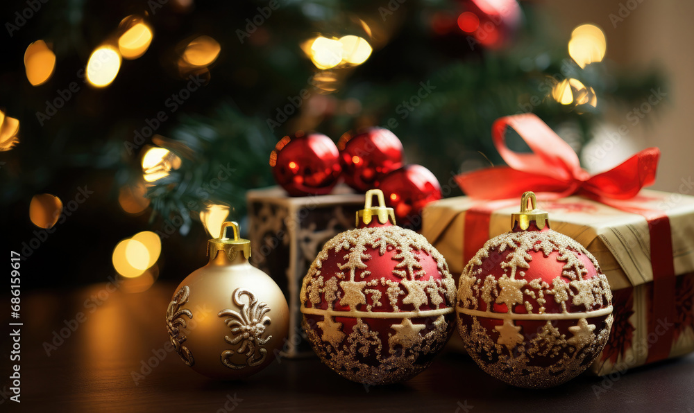 Christmas tree decorations and balls in golden and red with wrapped present boxes. Winter festivity backdrop. Christmas tree decorations and balls in golden and red with wrapped present boxes. Winter festivity backdrop.