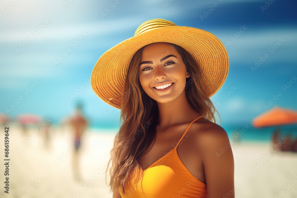 Closeup portrait of a beautiful young woman in summer clothes on the beach