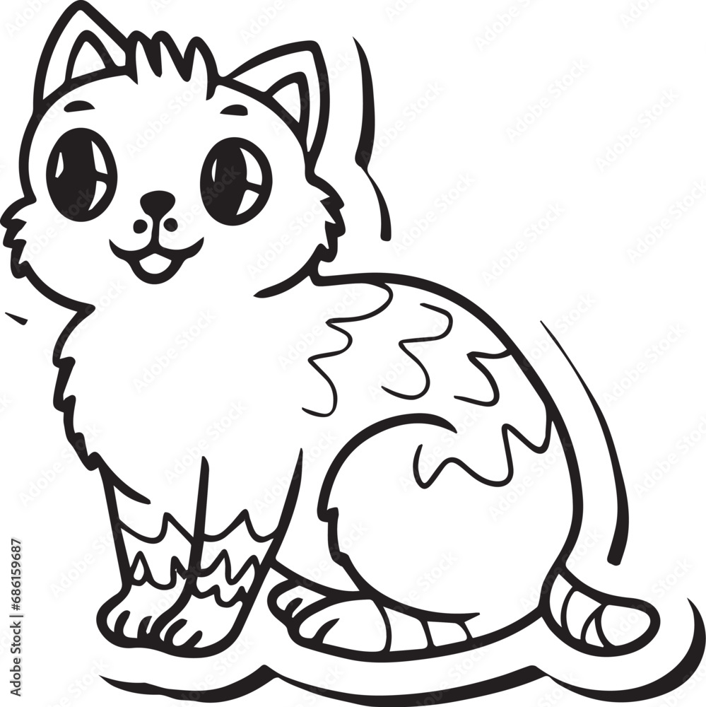 Whimsical black and white illustration of a cat, perfect for coloring, line drawing style Whimsical black and white illustration of a cat, perfect for coloring, line drawing style