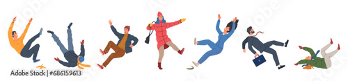 Set of falling characters. Shocked men and women fall to ground. People slip on wet floors or banana peels, stumbling and getting hurt. Cartoon flat vector collection isolated on white background