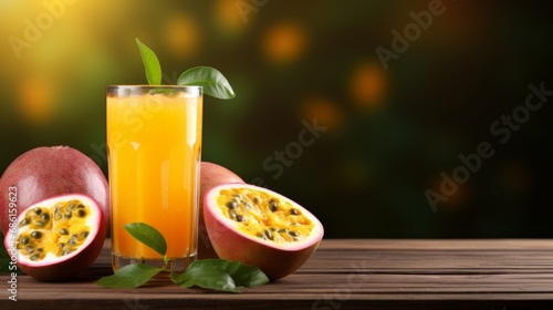 Passion fruit juice with ice in cafe or restaurant is a healthy drink on wooden table background with copy space for text