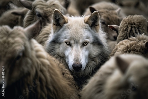 Wolf hiding among sheep flock. Ai Generative