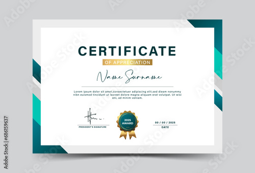 Green and gold geometric effect achievement certificate template.Vector illustration