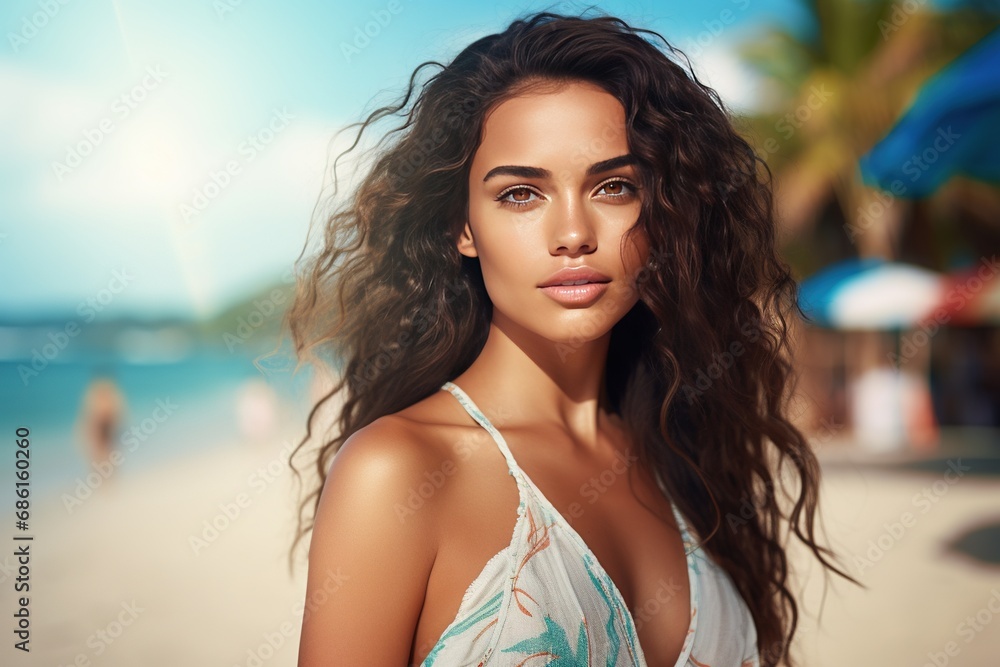 Closeup portrait of a beautiful young woman in summer clothes on the beach Closeup portrait of a beautiful young woman in summer clothes on the beach