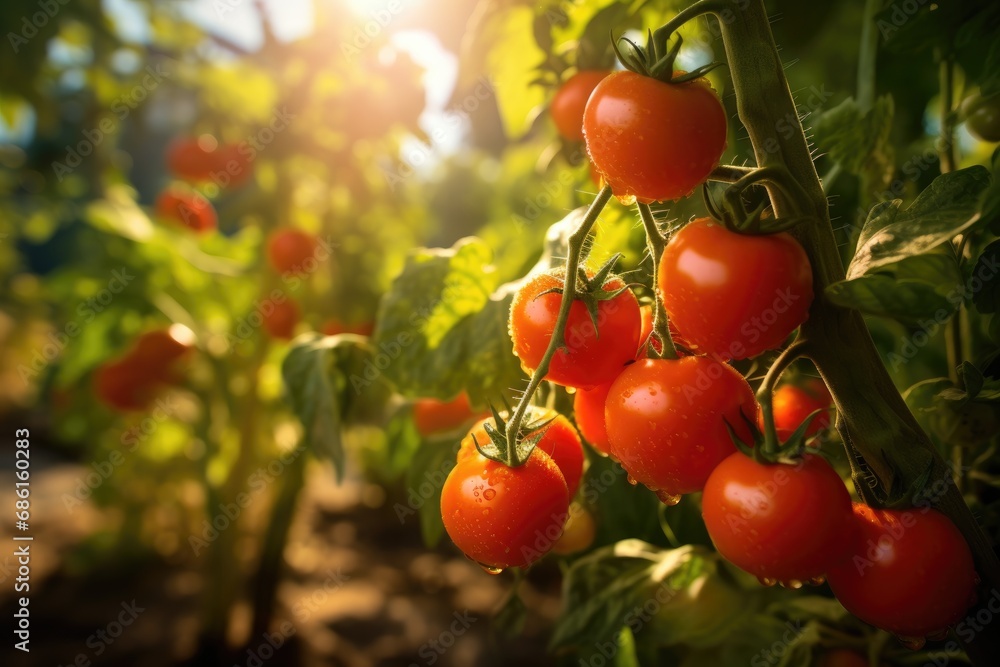 tomatoes grow in the vegetable garden in sunny day.