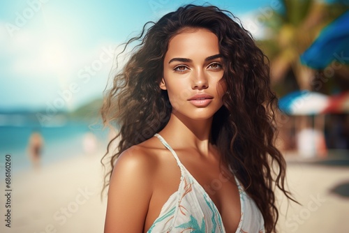 Closeup portrait of a beautiful young woman in summer clothes on the beach © Chanakan