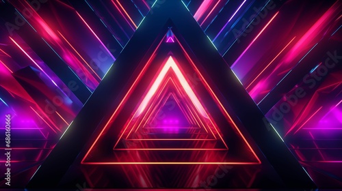 Abstract neon background featuring a dynamic arrangement of geometric triangle shapes.