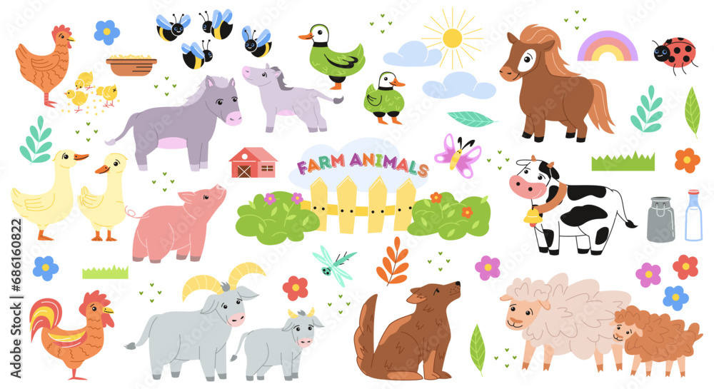 Farm animals set. Agriculture in countryside. Stickers with sheep, horse, ducks, pig, cow and rooster. Pack of doodle illustrations. Cartoon flat vector collection isolated on white background