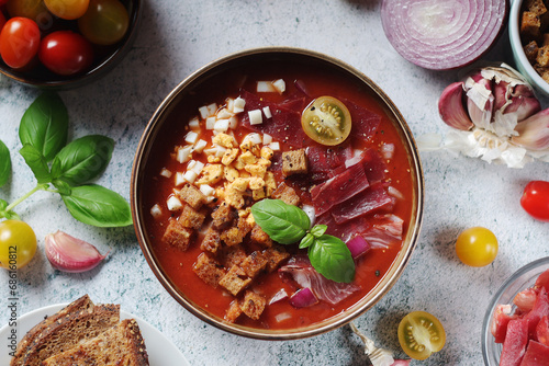 Spanish traditional tomato soup salmorejo photo