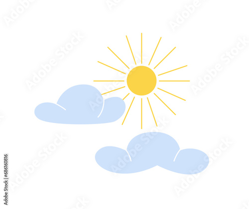 Weather forecast icon. Sticker with clouds and sun. Cloudy weather in summer or spring season. Design element for application or widget. Cartoon flat vector illustration isolated on white background