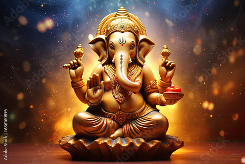 Hindu Lord Ganesha with blurry beautiful and colorful decorative background, Ganesha Ganpati statue, Ganesha festival, Hindu lord concept.