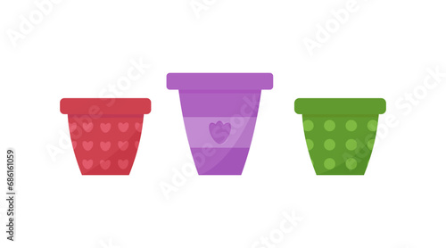 Set of empty flower pots in raspberry, purple, green colors.
Flat vector illustration on white background, eps 10.