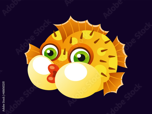 Cute underwater animal. Sticker with funny inflated pufferfish with needles. Deep sea fish or ocean dweller. Marine or aquarium life. Cartoon flat vector illustration isolated on white background