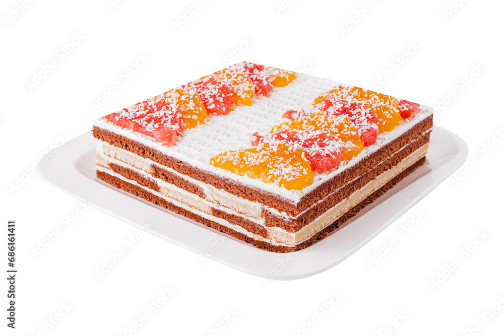 layered chocolate cake with oranges and grapefruits - obrazy, fototapety, plakaty 