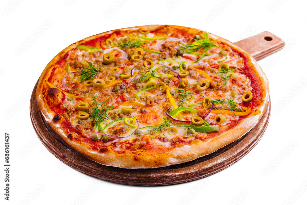 Fresh tuna pizza on a wooden board isolated