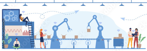 Smart industry. Automation of production and workflows in manufactory. Modern conveyor with innovative robotic arms. Employees manage and control production line. Cartoon flat vector illustration