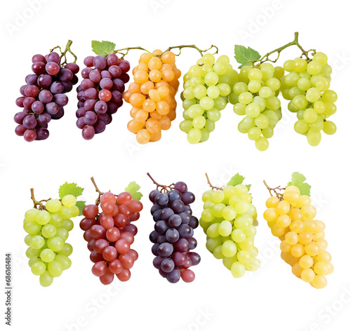 Set of fresh grapes isolated in white transparent background.