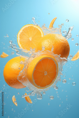 Vertical Closeup of citrus orange slice flying in the air  levitation  on flat blue background with copy space. Banner of fresh orange fruit flavored product for website or presentation.