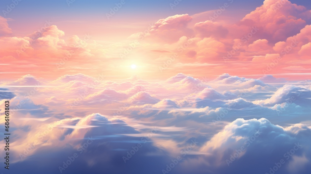 Obraz premium Heavenly sky, Sunset above the clouds abstract illustration, Extra wide format, Hope, divine, heavens concept