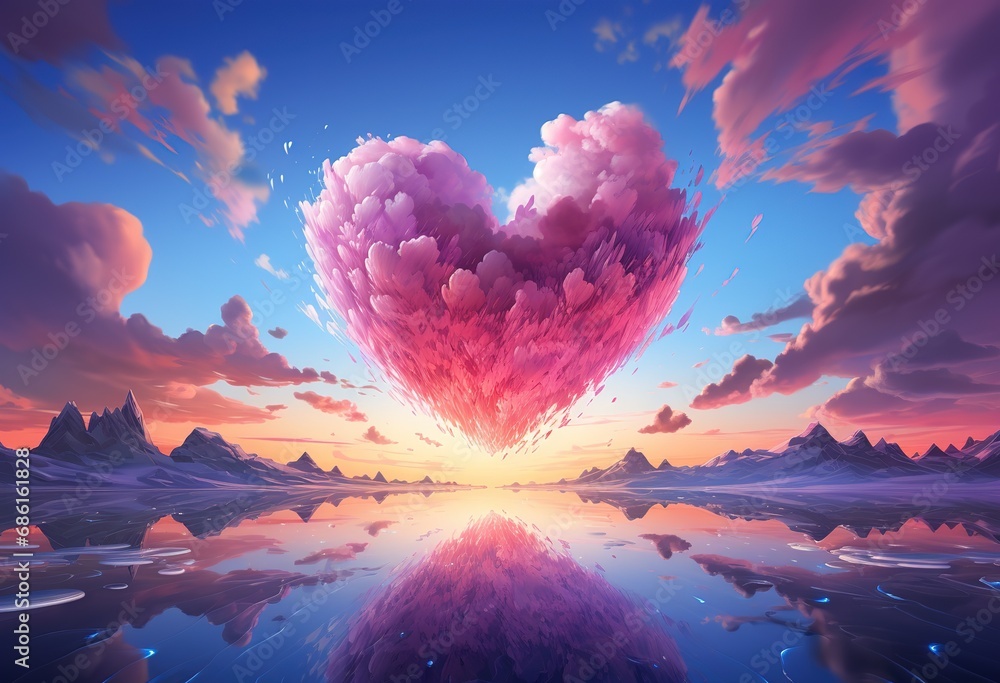 Romantic Sky: Pink Heart-Shaped Clouds in a Blue Sky with Reflection on ...
