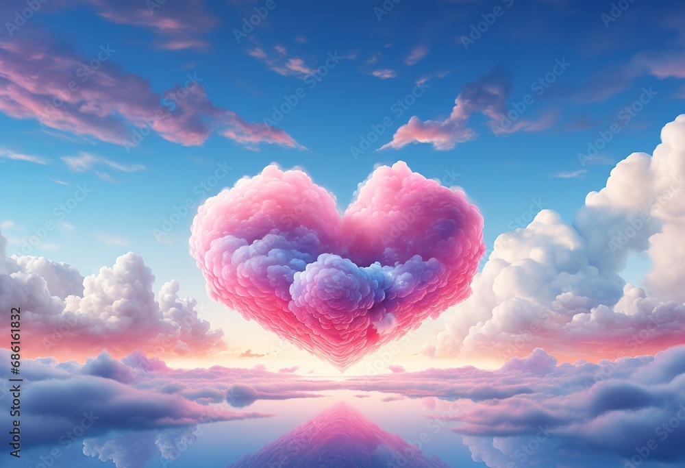 Romantic Sky: Pink Heart-Shaped Clouds in a Blue Sky with Reflection on ...