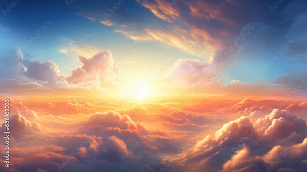Fototapeta premium Heavenly sky, Sunset above the clouds abstract illustration, Extra wide format, Hope, divine, heavens concept
