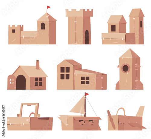 Cardboard castles, transport from them. Decorations for children performances. Cardboard play area. Development of imagination. Vector illustration