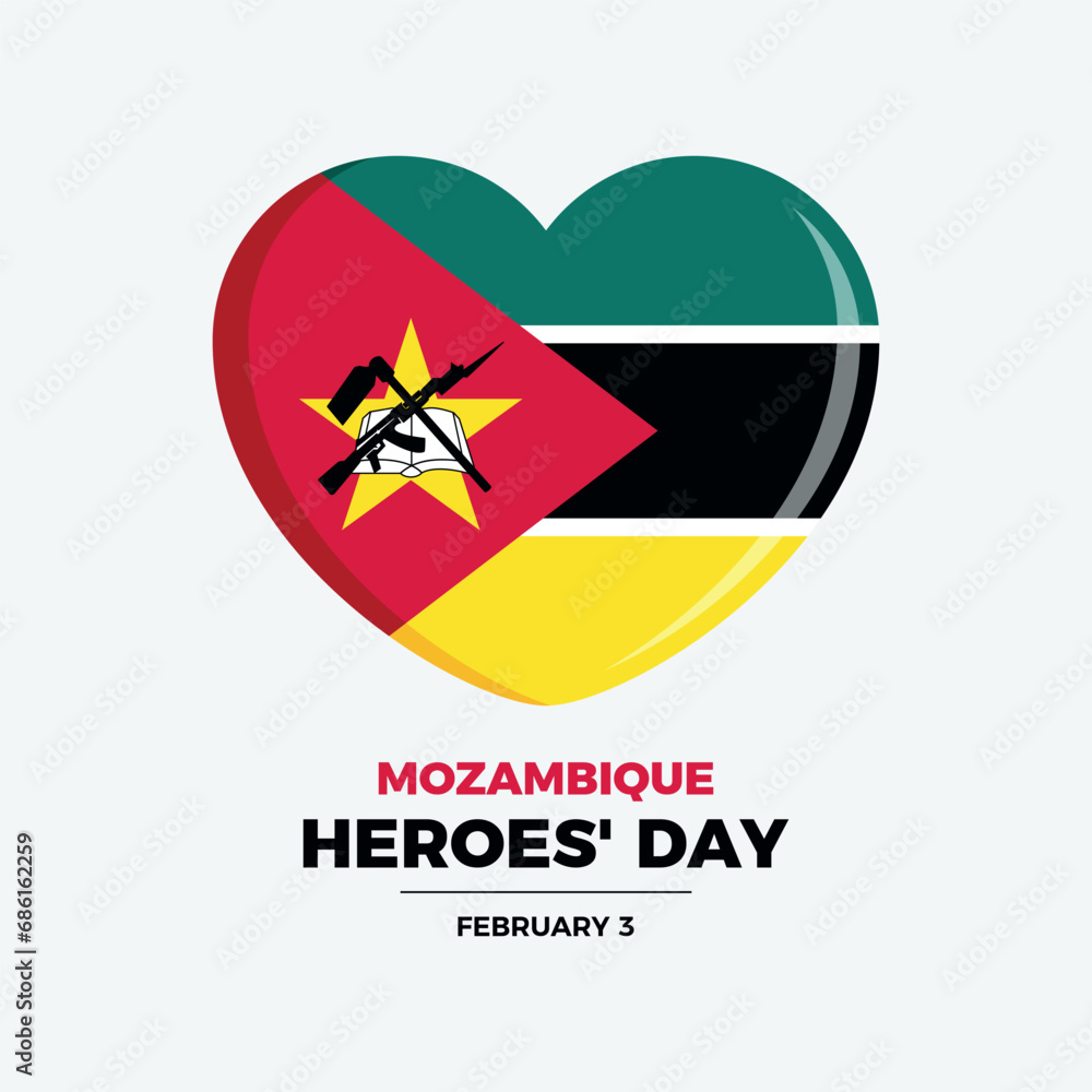 Mozambican Heroes Day poster vector illustration. Flag of Mozambique in heart shape icon vector. Heroes' Day public holiday in Mozambique. Mozambican Flag design element. February 4. Important day