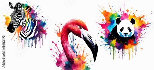 set of different animals with watercolor colorful splashes. flamingo, panda, zebra in watercolor style, transperent backgrond photo