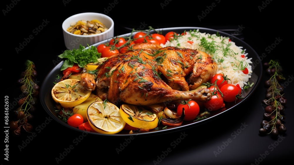A roast chicken dinner with vegetables, a very tasty dish cooked with tomato, pepper and onion, a touch of parsley and lemon. A roast chicken dinner with vegetables, a very tasty dish cooked with tomato, pepper and onion, a touch of parsley and lemon.