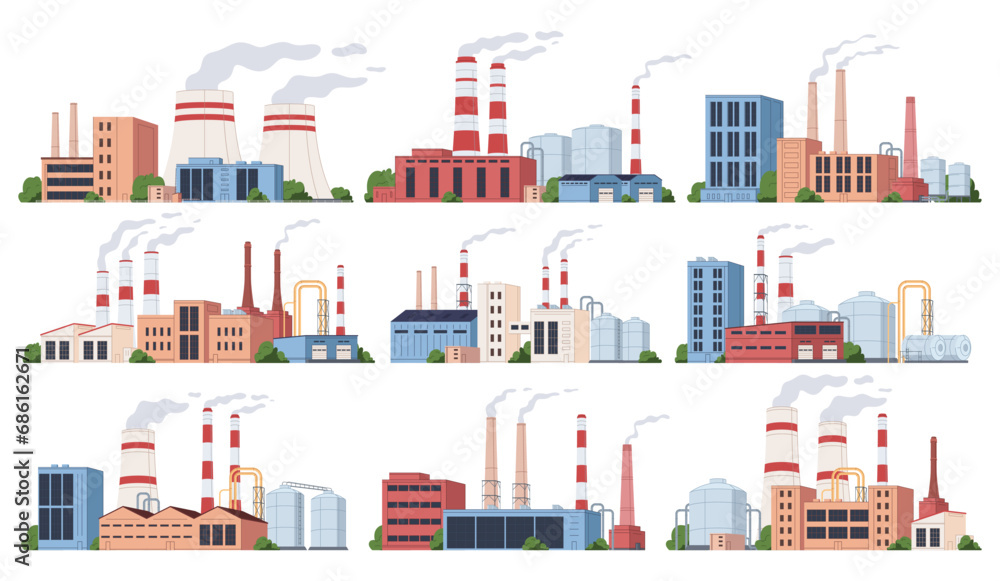Industrial factory, production of goods, machinery, heavy metallurgy. Industrial buildings with pipes. Vector illustration
