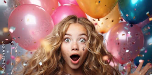 surprised curly-haired girl on solid bright background with colorful balloons.