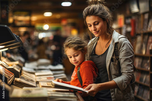 Mom and daughter looking at a book together in a bookstore. Looking to buy book.