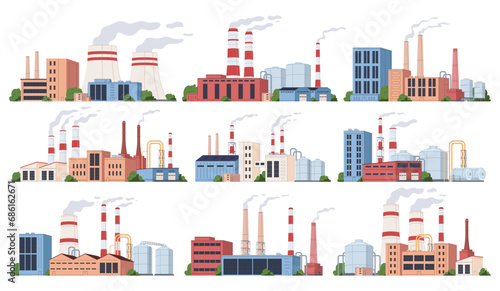 Industrial factory, production of goods, machinery, heavy metallurgy. Industrial buildings with pipes. Vector illustration