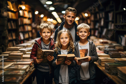 Young man standing next to two children holding opened books in a bookstore.
