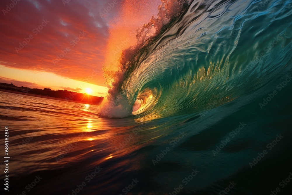 Transparent swirl of turquoise ocean wave on sunset.