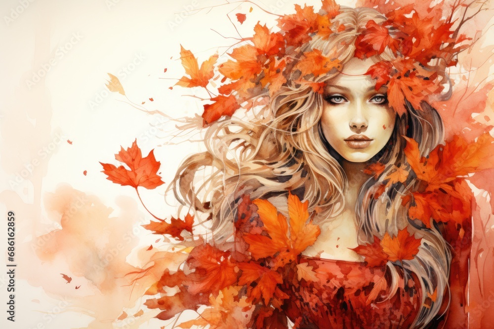 Watercolor autumn girl with long hair and leaves on white background