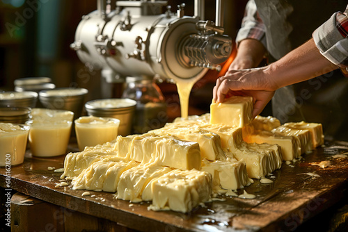 A master cheese maker makes butter in a small dairy. photo