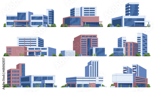 Hospital building. Modern medical centers. Provision of medical assistance. Treatment of patients in comfortable conditions. Vector illustration