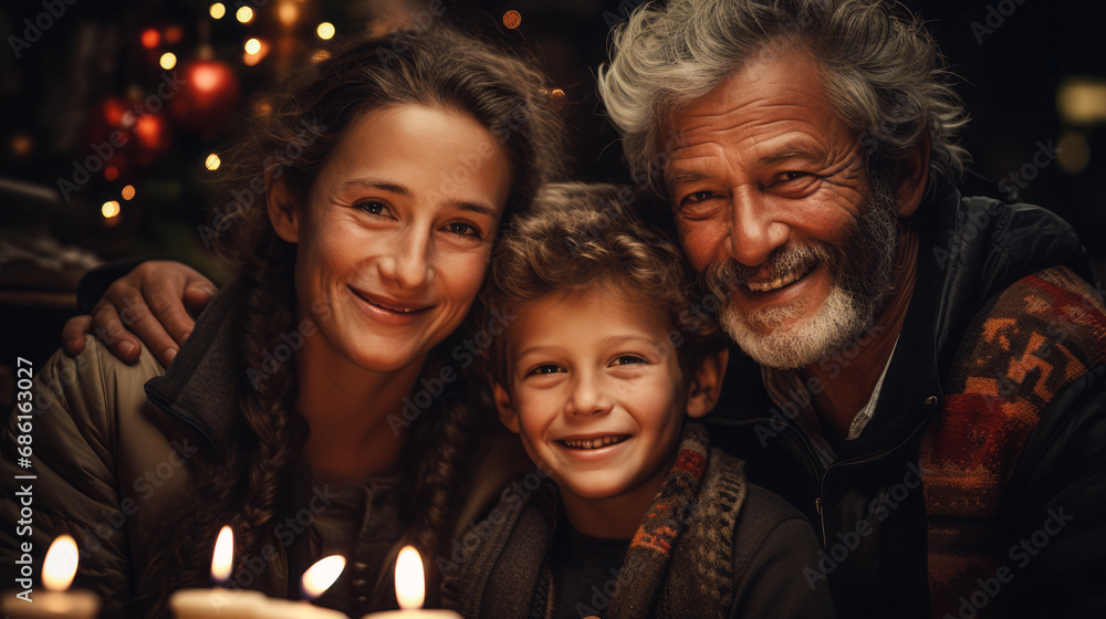 Grandma and grandpa, with smiles on their faces, sit with their grandchild in front of a colorful Christmas tree, savoring the festive moment of togetherness.