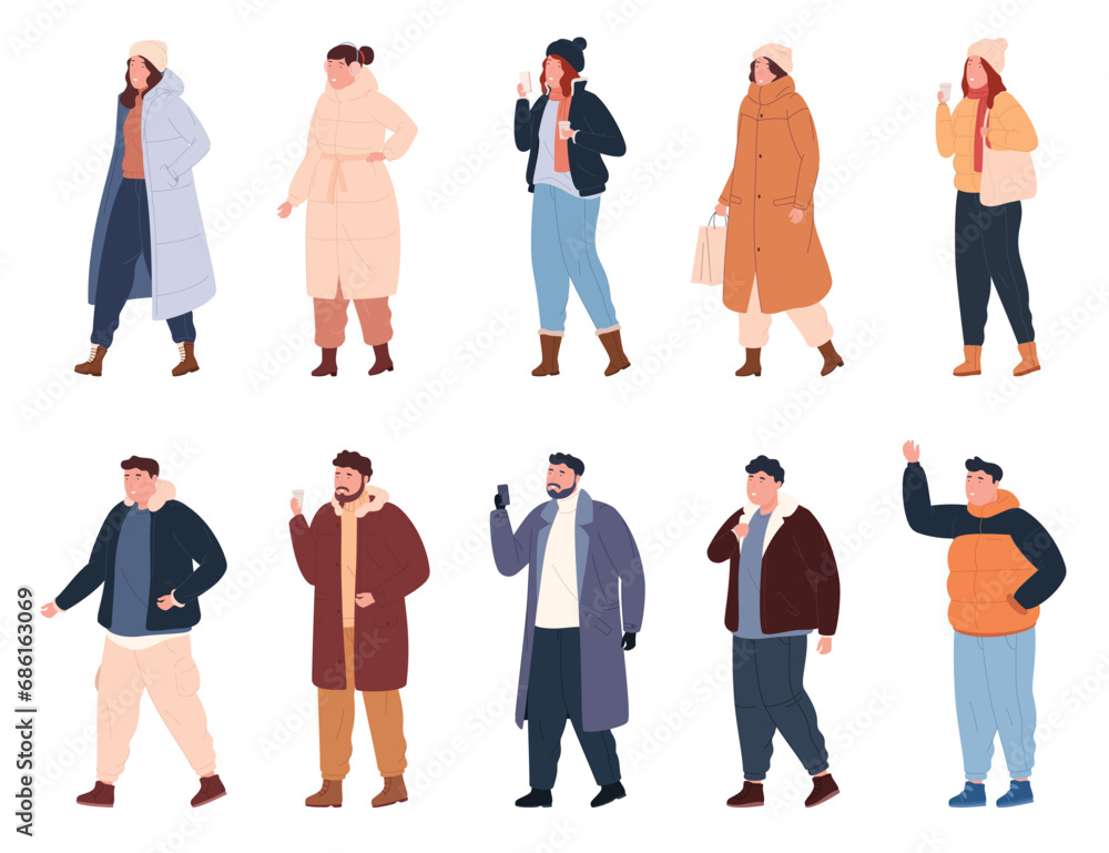 Fototapeta premium People in winter clothes. Men and women in warm, comfortable winter jackets. Protection from the cold. Vector illustration