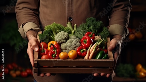 Hands holding wooden box with vegetables