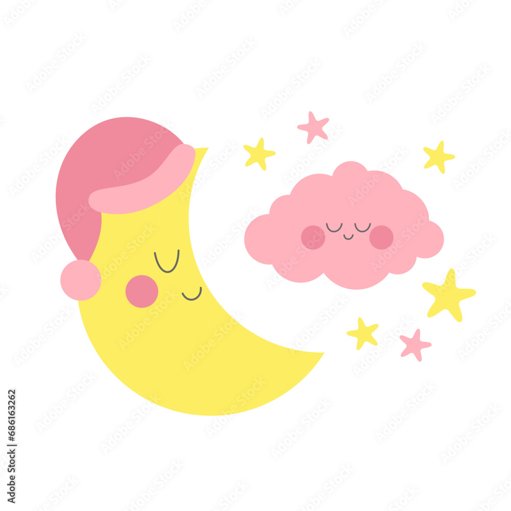 Нellow sleepy moon  with pink cloud  and pink stars for girl baby room decoration. For fabric print logo sign cards banners Kids wall art design Vector illustration