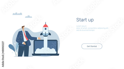 Launching a new business or project, Rapid development at the start, Advertising media design concept, Banner sign. Mobile app. Web template. Businessman launches a rocket soaring up.