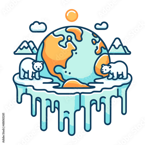vector illustration in flat linear style bears suffering from the effects of global warming, melting glaciers